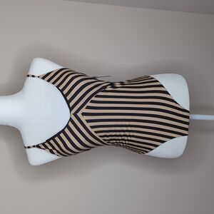 Baltic Born Black and Tan Striped V‑Neck One‑Piece Swimsuit